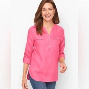 Talbots Plus 100% Linen Band Collar Popover Sz 2X Pink